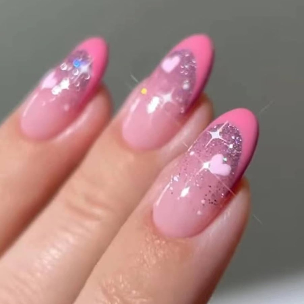 Pink Glitter Heart Nails